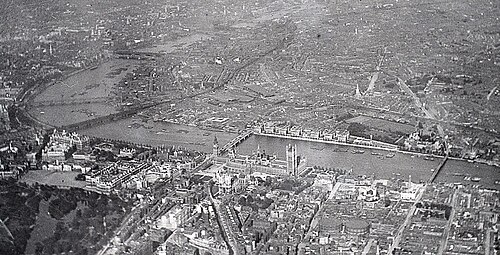 B&W photo of Westminster from the air