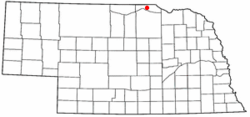 Map of Nebraska showing the location of Butte in Boyd County in the north central part of the state near the South Dakota border.