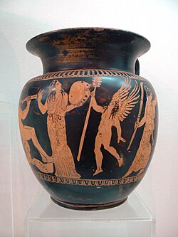 Ancient Greek red-figure pottery depicting a girl playing the tambourine. Bourgas Archaeology Museum