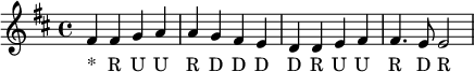
\relative c' { \key d \major
 \set Staff.midiInstrument = #"cello"
 fis4 fis g a a g fis e d d e fis fis4. e8 e2 }
\addlyrics { "*" R U U R D D D D R U U R D R }

