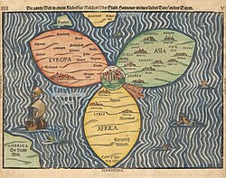 The Bünting cloverleaf map. A 1581 woodcut, Magdeburg. Jerusalem is in the center, surrounded by Europe, Asia and Africa.
