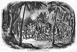 1858 illustration of a thuggee puja to Kali in Harper's Weekly.