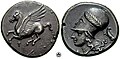 Corinthian stater. Obverse: Pegasus with Qoppa (Ϙ) beneath. Reverse: Athena wearing Corinthian helmet. Qoppa symbolised the archaic spelling of the city (Ϙόρινθος).
