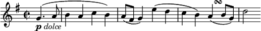 
\relative g' {
  \key g \major \time 2/2
  \partial 2 g4.( _\markup{ \musicglyph #"p" \italic "dolce" } a8
  b4 a c b)
  a8( fis g4) e'( d
  c4 b) a( -\tweak X-offset #2.8 \turn b8 g)
  d'2
}
