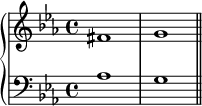 
    {
      \new PianoStaff <<
        \new Staff <<
            \relative c' {
                \clef treble \key c \minor \time 4/4
                fis1 g
                }
            >>
        \new Staff <<
            \relative c' {
                \clef bass \key c \minor \time 4/4
                aes1 g \bar "||"
                }
            >>
    >> }
