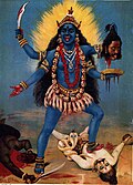 A ca. 1910 chromolithograph of Kali trampling Shiva by Raja Ravi Varma