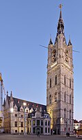 The Belfry (centre right) of Ghent, Belgium, beside the cloth hall and (smaller) Mammelokker
