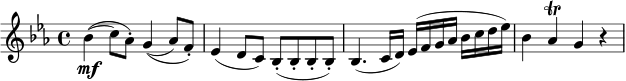 { \tempo 4 = 132 \set Score.tempoHideNote=##t \set Staff.midiInstrument = "violin" \relative bes' { \key es \major \time 4/4
bes4(\( \mf c8) as-.\) g4(\( as8) f-.\) | es4( d8 c) bes-.( bes-. bes-. bes-.) |
bes4.( c16 d) es( f g as bes c d es) | bes4 as \trill g r | }}
