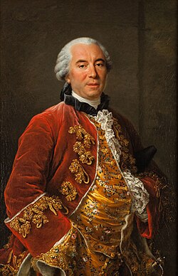 Painting of a portly gentleman in a powdered grey wig and richly embroidered clothes.