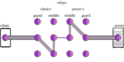 A client, represented as a phone, sending traffic to an onion labelled the client's "Guard" with five nested lines, then going to a "Middle" onion with four nested lines, then going to another "Middle" with three nested lines, then going to the server's "Middle" via two nested lines, going to another "Middle" with three nested lines, going to a "Guard" with four nested lines, and finally going to the Server with five nested lines.