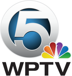 A silver circle containing and incorporating a sans serif numeral 5, with dark blue fill and the NBC peacock logo overlapping in the lower right corner. Beneath are the letters WPTV in a sans serif.