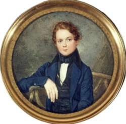 miniature oil painting of a young, clean-shaven white youth in early-19th-century costume