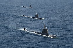 A trio of Kalvari-class submarines during an exercise