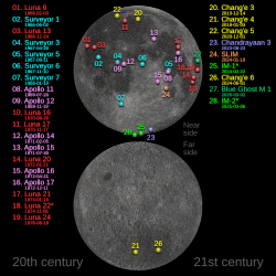 Map of all moon landings made by crewed and uncrewed craft. IM-2 is the lime green dot, marked "28".
