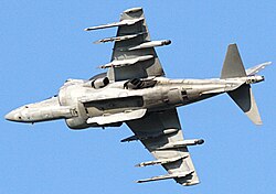 Bottom view of jet aircraft showing its many under-wing pylons for weapons carriage. Two fences run along the length of the underside of the fuselage.