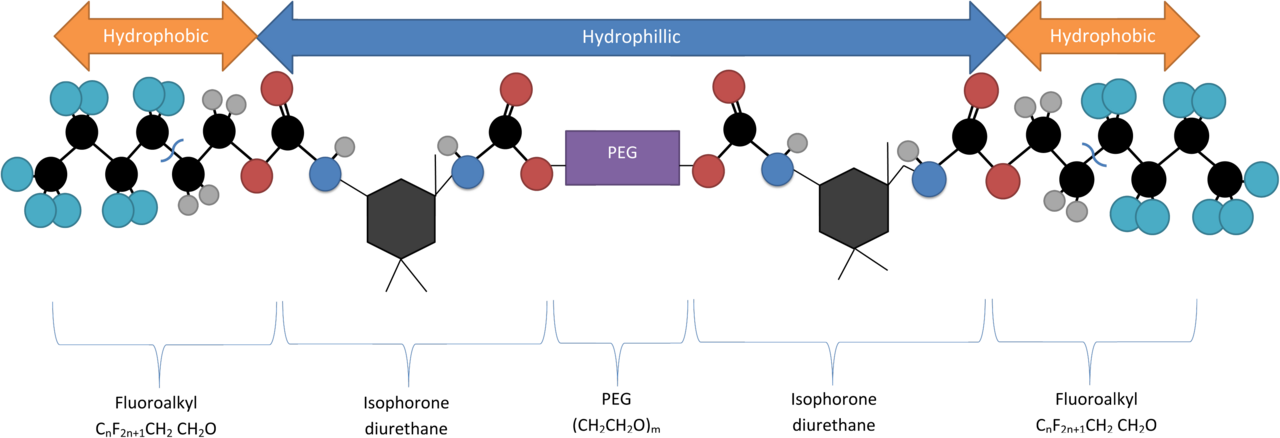 Structure of Rf-Polymer used in hydrogel encapsulation of quantum dots. The figure indicates the hydrophobic and hydrophilic regions of the polymer.