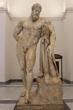 The Farnese Hercules, probably an enlarged copy made in the early 3rd century AD and signed by a certain Glykon, from an original by Lysippos (or one of his circle) that would have been made in the 4th century BC; the copy was made for the Baths of Caracalla in Rome (dedicated in 216 AD), where it was recovered in 1546
