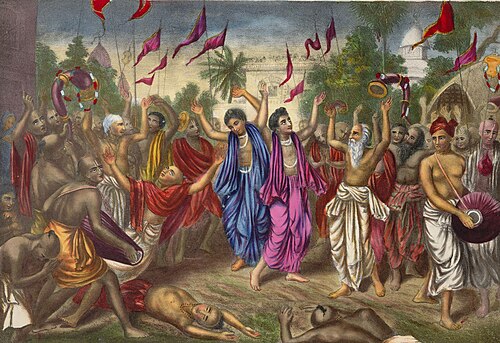 Nineteenth century lithograph by Calcutta Art Studio of Caitanya and Nityānanda performing a kirtan in the streets of Nabadwip, Bengal.