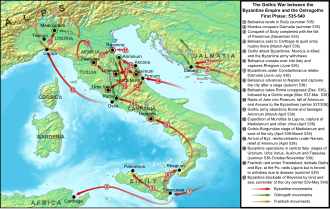 Map of Italy illustrating the main army movements in the first phase of the Gothic War