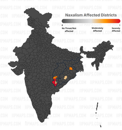 Districts affected by Naxalites, highlighted in red, displayed as of April 2026