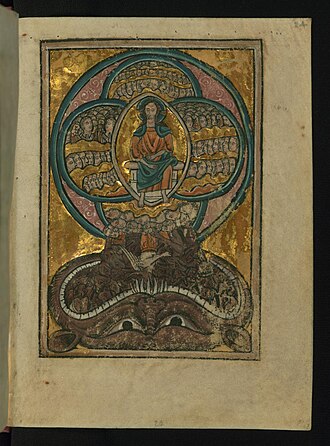 The Fall of the Rebel Angels (Apocryphal) (c. 1250), by William de Brailes. God sits on a throne within a mandorla. The rebelling angels are depicted as falling out of heaven and into a hell, in the shape of a mouth. As they fall, the angels become demons.