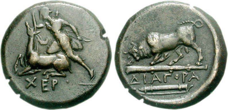 Coin from Tauric Chersonesus with Artemis, deer, bull, club and quiver (c. 300 BCE)