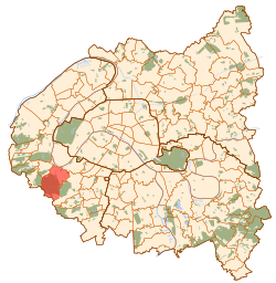 Location (in red) within Paris inner suburbs