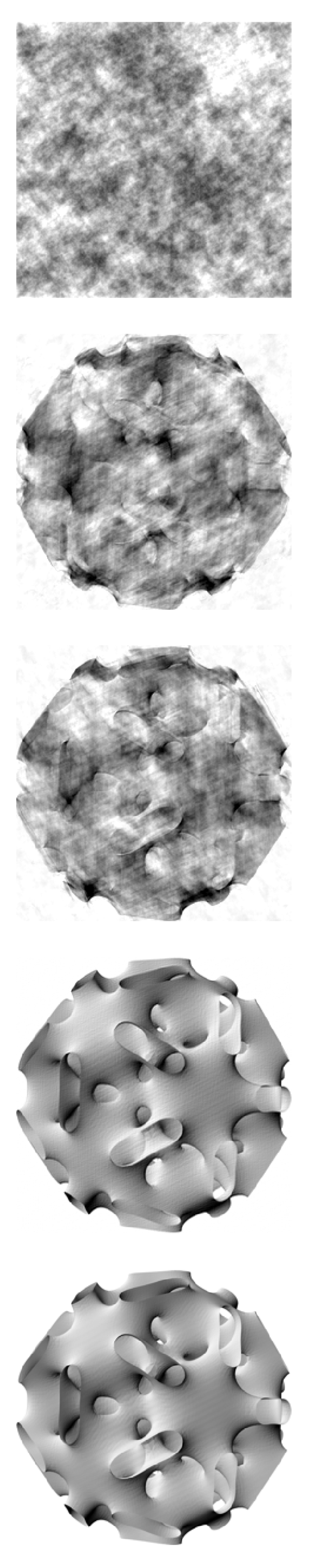 Iterations 0, 100, 200, 300 and 400 in difference-map reconstruction of grayscale image from Fourier transform modulus.png