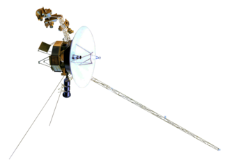 Artist's rendering of the Voyager spacecraft, a small-bodied spacecraft with a large, central dish and multiple arms and antennas extending from the dish