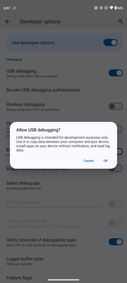 For enabling USB debugging on the Android device, it needs to be enabled in the "developer settings" window