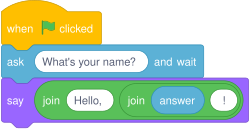 A coded example, using the ask block for the users' name, then responding with it,