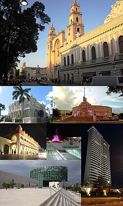 Above, from left to right: San Ildefonso Cathedral, the Canton Palace, the Monument to the Fatherland, the Municipal Palace, the Glorieta de la Paz, the Great Museum of the Maya World and a view of the Country Towers.