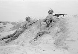 Black-and-white photograph of Dutch marines lying prone along a sandy ridge, aiming rifles outward during a military exercise.