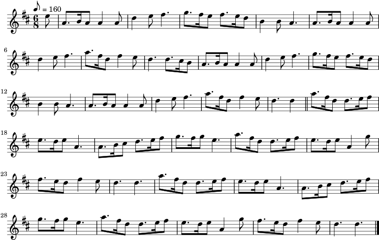 \language "english"
\unfoldRepeats {
\relative c'' {
\time 6/8
\key d \major
\tempo 8 = 160
\partial 8 e8 |
a,8. b16 a8 a4 a8 |
d4 e8 fs4. |
g8. fs16 e8 fs8. e16 d8 |
b4 b8 a4. |
a8. b16 a8 a4 a8 |
d4 e8 fs4. |
a8. fs16 d8 fs4 e8 |
d4. d8. cs16 b8 |
a8. b16 a8 a4 a8 |
d4 e8 fs4. |
g8. fs16 e8 fs8. e16 d8 |
b4 b8 a4. |
a8. b16 a8 a4 a8 |
d4 e8 fs4. |
a8. fs16 d8 fs4 e8 |
\partial 8*5 d4. d4 \bar "||"
\repeat volta 2 {
a'8. fs16 d8 d8. e16 fs8 |
e8. d16 e8 a,4. |
a8. b16 cs8 d8. e16 fs8 |
g8. fs16 g8 e4. |
a8. fs16 d8 d8. e16 fs8 |
e8. d16 e8 a,4 g'8 |
fs8. e16 d8 fs4 e8 |
d4. d4. |
}
\bar "|."
}
}