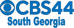 In blue, from top left: the CBS eye, the lettering CBS, a numeral 44, and beneath them in a line, the words "South Georgia".