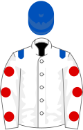 White, royal blue epaulettes, white sleeves, red spots, royal blue cap