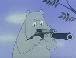 Screenshot from the 1969 television series of Moomintroll with a rifle. Jansson strongly disliked the controversial content of the series.[43][44]