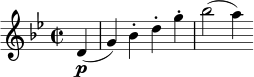 \relative c' {
\set Score.tempoHideNote = ##t \tempo 2 = 120
\time 2/2 \tempo "Allegro assai" \key g \minor
\partial4 d4\p(
g ) bes-. d-. g-.
bes2 ( a4 )
}