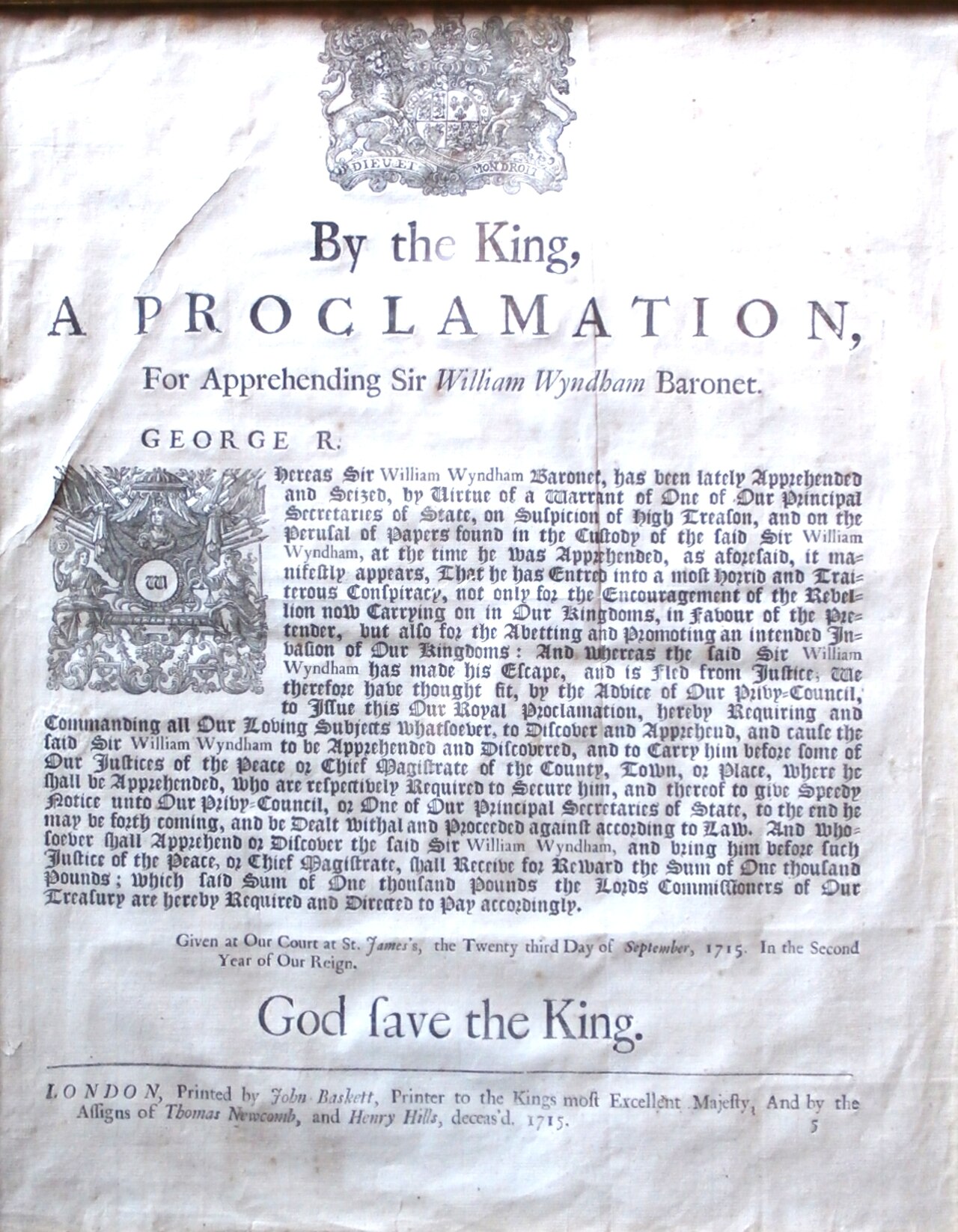 RoyalProclamation 1715 ForArrestOf SirWilliamWyndham 3rdBaronet.JPG