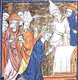 A medieval depiction of the coronation of the Emperor Charlemagne in 800 AD wearing royal blue. The bishops and cardinals wear Tyrian purple, and the Pope wears white.