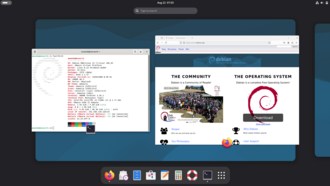 A desktop interface showing the Debian "Trixie" wallpaper "Ceratopsian", a dark top bar with a centered clock, and an application dock at the bottom. Two windows are open: a Firefox ESR web browser displaying the Debian home page, and a GNOME Console window running neofetch to display system information