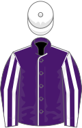 Purple, white seams, striped sleeves, white cap
