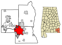 Location of Dothan in Dale, Henry, and Houston counties, Alabama