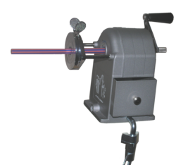 Hand-cranked planetary sharpener with spring-driven pencil holder. The small knob behind the crank is a sharpness regulator.