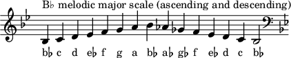 
\header { tagline = ##f }
scale = \relative b { \key bes \major \omit Score.TimeSignature
  bes^"B♭ melodic major scale (ascending and descending)" c d es f g a bes as ges f es d c bes2 \clef F \key bes \major }
\score { { << \cadenzaOn \scale \context NoteNames \scale >> } \layout { } \midi { } }
