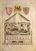 Tomb of Henry VII (d. 1313), with the emperor's coats of arms and the imperial eagle (Codex Balduini Trevirorum, c. 1340)