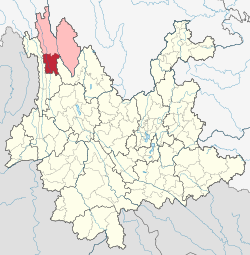 Location of Weixi County (red) in Diqing Prefecture (pink) within Yunnan