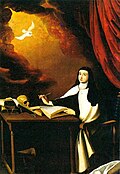 St. Teresa of Avila, wearing a Carmelite habit, holds a book open as a white dove appears to her from the clouds.