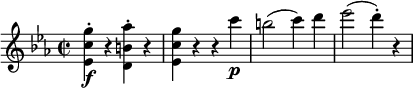 
\relative g'' {
  \key c \minor \time 2/2
  <g c, es,>4-. \f r <as b, d,>-. r
  <g c, es,>4 r r c \p
  b2( c4) d
  es2( d4-.) r
}
