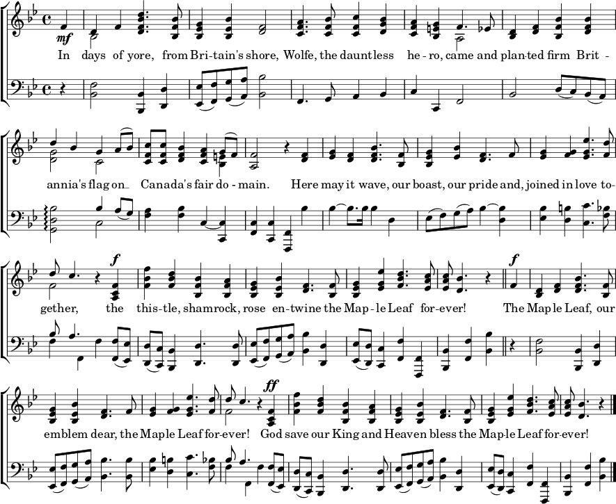 
% Notes from http://www.piddingworth.com/maple_leaf_forever_new.html
\header { tagline = ##f }
\paper { paper-width = 240\mm }
\layout { indent = 0 \context { \Score \remove "Bar_number_engraver" } }

global = { \key bes \major \time 4/4 \partial 4 }

right = \relative c' { \global \set midiInstrument = "acoustic grand"
  f4\mf | << { d f } \new Voice { \voiceTwo bes,2 } >> \oneVoice <d' bes f d>4. <bes f bes,>8 |
  <g es bes>4 <bes es, bes> <f d>2 |
  <a f c>4. <bes f c>8 <c f, c>4 <bes g d> |
  <a f c> <g e bes> << { f4. es8 } \new Voice { \voiceTwo a,2 } >> |
  <d bes>4 <f d> <bes f bes,> < bes f d> |
  << { \voiceOne d bes g a8 (bes) } \new Voice { \voiceTwo <g d>2 c, } >> |
  <c' f, c>8 q <bes f d>4 <a f c> << { g8 (f) } \new Voice { \voiceTwo <e bes>4 } >> | \oneVoice
  <f a,>2 r4 <f d> |
  <g es> <f d> <bes f d>4. <f bes,>8 |
  <g es bes>4 <bes es,> <f d>4. f8 |
  <g es>4 <g f> <es' g, es>4. < d f,>8 |
  << { \voiceOne d8 c4. } \new Voice { \voiceTwo f,2 } >> \oneVoice r4 <f c a>^\f |
  <f' bes, f> <d bes f> <bes f bes,> <a f bes,> |
  <g es bes> <bes es, bes> <f d>4. <f bes,>8 |
  <g es bes>4 <es' g, es> <d bes f>4. <c a es>8 | <c a es> <bes d,>4. r4 \bar "||"
  f^\f | <d bes> <f d> <bes f d>4. <f bes,>8 |
  <g es bes>4 <bes es, bes> <f d>4. f8 |
  <g es>4 <g f> <es' g, es>4. <d f,>8 |
  << { \voiceOne d8 c4. } \new Voice { \voiceTwo f,2 } >> \oneVoice r4 <f c a>^\ff |
  <f' bes, f> <d bes f> <bes f bes,> <a f bes,> |
  <g es bes> <bes es, bes> <f d>4. <f bes,>8 |
  <g es bes>4 <es' g, es> <d bes f>4. <c a es>8 |
  <c a es> <bes d,>4. r4 \bar "|."
}

left = \relative c { \global \set midiInstrument = "acoustic grand"
  r4 | <f bes,>2 <bes, bes,>4 <d d,> |
  <es es,>8 (<f f,>) <g g,> (<a a,>) <bes bes,>2 |
  f,4. g8 a4 bes | c c, f2 | bes2 d8 (c) bes (a) |
  <bes' d, g,>2\arpeggio << { \voiceOne bes4 \slurDown a8 (g) } \new Voice { \voiceTwo c,2 } >> |
  \oneVoice <f a>4 <f bes> c~ <c c,> |
  <c f,> <c c,> <f, f,> bes' | bes~ bes8. bes16 bes4 d, |
  es8 (f) g (a) bes4~ <bes d,> |
  <bes es,> <b d,> <c c,>4. <bes f>8 |
  << { \voiceOne bes8 a4. } \new Voice { \voiceTwo f4 f, } >> \oneVoice f'4 <f f,>8 (<es es,>) |
  <d d,> (<c c,>) <bes bes,>4 <d d,>4. q8 |
  <es es,> (<f f,>) <g g,> (<a a,>) <bes bes,>4 <d, d,> |
  <es es,>8 (<d d,>) <c c,>4 <f f,> <f, f,> |
  <bes bes,> <f' f,> <bes bes,> \bar "||"
  r4 | <f bes,>2 <bes, bes,>4 <d d,> |
  <es es,>8 (<f f,>) <g g,> (<a a,>) <bes bes,>4. q8 |
  <bes es,>4 <b d,> <c c,>4. <bes f>8 |
  << { \voiceOne bes8 a4. } \new Voice { \voiceTwo f4 f, } >> \oneVoice f'4 <f f,>8 (<es es,>) |
  <d d,> (<c c,>) <bes bes,>4 <d d,>4. q8 |
  <es es,>8 (<f f,>) <g g,> (<a a,>) <bes bes,>4 <d, d,> | |
  <es es,>8 (<d d,>) <c c,>4 <f f,> <f, f,> | <bes bes,> <f' f,> <bes bes,> \bar "|."
}

melody = \relative c' { \global \set midiInstrument = "tenor sax"
  f4 | d f d'4. bes8 |
  g4 bes f2 |
  a4. bes8 c4 bes |
  a g f4. es8 |
  d4 f bes bes |
  d bes g a8 (bes) |
  c8 c\noBeam bes4 a g8 (f) |
  f2 r4 f |
  g f bes4. f8 |
  g4 bes f4. f8 |
  g4 g es'4. d8 |
  d8 c4. r4 f,^\f |
  f' d bes a |
  g bes f4. f8 |
  g4 es' d4. c8 | c bes4. r4 \bar "||"
  f | d f bes4. f8 |
  g4 bes f4. f8 |
  g4 g es'4. d8 |
  d8 c4. r4 f,^\ff |
  f' d bes a |
  g bes f4. f8 |
  g4 es' d4. c8 |
  c bes4. r4 \bar "|."
}

verse = \lyricmode {
  In days of yore, from Bri -- tain's shore,
  Wolfe, the daunt -- less he -- ro, came
  and plan -- ted firm Brit -- an -- nia's flag
  on __ "" Ca -- na -- da's fair do "-" main.
  Here may it wave, our boast, our pride
  and, joined in love to -- geth -- er,
  the this -- tle, sham -- rock, rose en -- twine
  the Map -- le Leaf for -- ev -- er!
%Chorus
   The Map -- le Leaf, our em -- blem dear,
   the Map -- le Leaf for -- ev -- er!
   God save our King and Heav -- en bless
   the Map -- le Leaf for -- ev -- er!
}

\score {
  \new ChoirStaff
  <<
%   \new Staff \melody
    \new Staff \right \addlyrics \verse
    \new Staff { \clef bass \left }
  >>
%   \sopranoVoicePart
  \layout { }
}
\score {
  { << \left \\ \right \\ \transpose c c, \melody >> }
  \midi { \tempo 4 = 105
    \context { \Score midiChannelMapping = #'instrument }
    \context { \Staff \remove "Staff_performer" }
    \context { \Voice \consists "Staff_performer" }
  }
}
